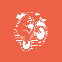 Fototapeta na wymiar Modern, Fun, Playful, Creative Cartoon Bear Riding Mountain Bike Vector T-shirt Design Illustration.