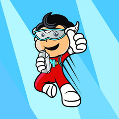 Modern, Fun, Playful, Cartoon Superhero Boy Drinking Milk Vector Mascot Character Logo Illustration