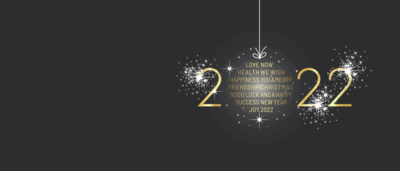 We wish you Merry Christmas and Happy New Year 2022 shining christmas ball firework gold black greeting card vector