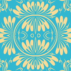 Luxury Light Pastel Blue And Yellow Colored Traditional Flower Motif Background Seamless Pattern Vector Illustration