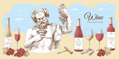 Wine collection: statue of Dionysus, bottles of wine, glasses, grapes with leaves, wine corks and corkscrew, hand-drawn.
