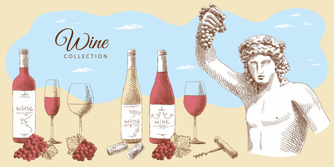 Wine collection: statue of Dionysus, bottles of wine, glasses, grapes with leaves, wine corks and corkscrew, hand-drawn.