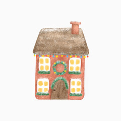 Watercolor cute Christmas house. Hand drawn winter illustration for holiday greeting cards, invitations, posters, postcards and other.
