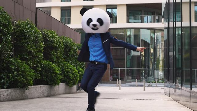 Storytelling video of a businessman wearing a giant panda mask. 