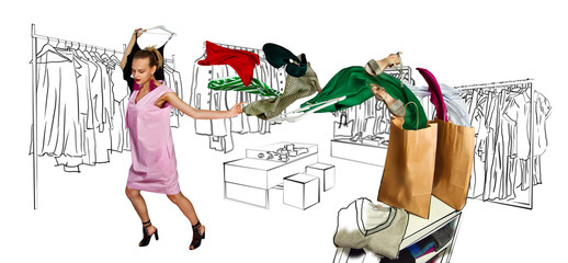 Woman buys things on the background of a blurred store. The photo is combined with the illustration. Customer on the background of the finished interior of the boutique.