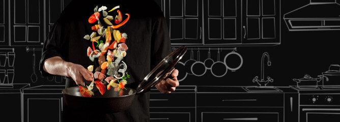 Vegetables on the background of a blurred kitchen. The photo is combined with the illustration. Chef on the background of interior of the kitchen. Man in a black shirt on a dark background.