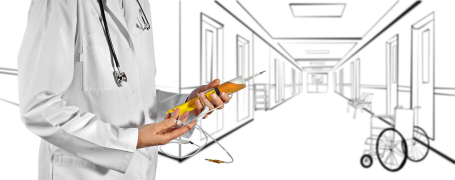 Doctor in a white coat on a background of blurred hospital corridor. The photo is combined with the illustration. Nurse on the background of the finished interior of the clinic.