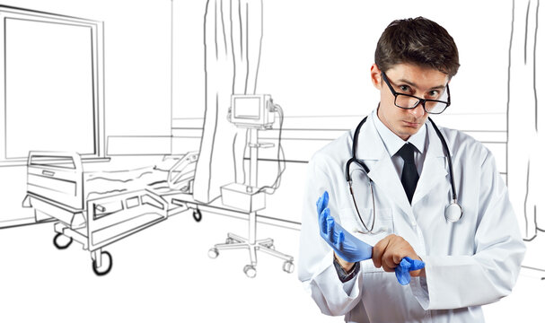 Man in a white coat on a background of blurred hospital ward. The photo is combined with the illustration. Doctor on the background of the finished interior of the clinic.