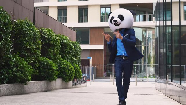 Storytelling video of a businessman wearing a giant panda mask. 