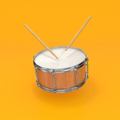 Wooden drum and drumsticks on a yellow background, 3d render