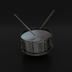 Drum and drumsticks black on black background, 3d render