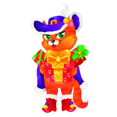 cute puss in boots with gifts, new year christmas tale, illustration for children