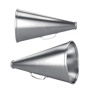 Old megaphone silver from two angles on a white background, 3d render