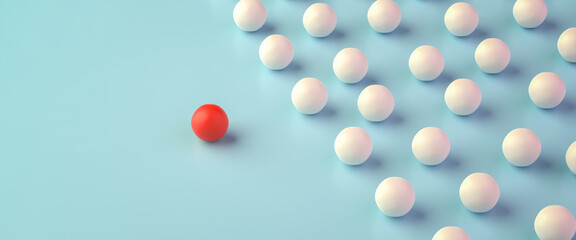 Leadership Concept: A group of white spheres with one sphere in red leading the group. Web banner...