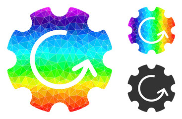 lowpoly gear rotation icon with spectrum vibrant. Rainbow colored polygonal gear rotation vector filled with scattered bright triangles.