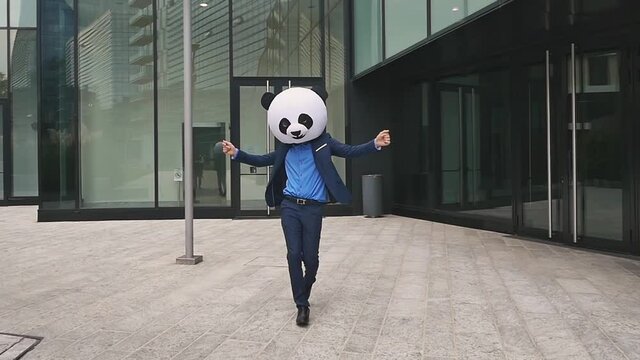 Storytelling video of a businessman wearing a giant panda mask. 