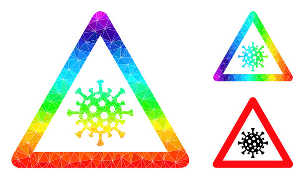 Low-poly Viral Warning Icon With Spectral Colorful. Spectral Vibrant Polygonal Viral Warning Vector Constructed With Scattered Colored Triangles.