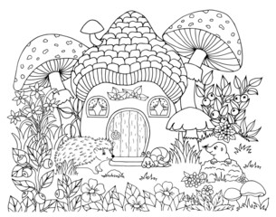 Illustration. A mushroom house for a hedgehog in the meadow. Coloring book. Antistress for adults and children. The work was done in manual mode. Black and white. © Маргарита Врублевска