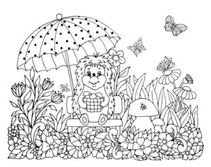 Illustration. A hedgehog with a basket of mushrooms sits on a bench under an umbrella around flowers. Coloring book. Antistress for adults and children. The work was done in manual mode. Black and whi