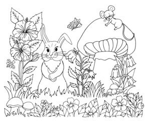 Fototapeta premium Illustration. Rabbit with a mouse in a meadow of flowers near a mushroom. Coloring book. Antistress for adults and children. The work was done in manual mode. Black and white.
