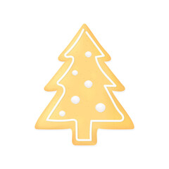 Gingerbread Christmas tree isolated on white background. Homemade cookie decorated with icing frosted for New Year's party. Vector illustration of Christmas dessert concept.
