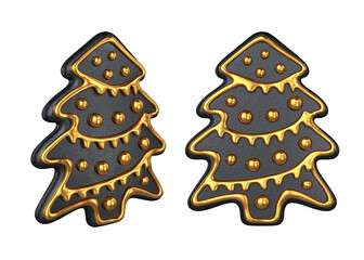 Black Gingerbread Christmas tree with gold decorations on a white background, 3d render