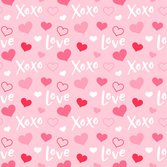 Seamless pattern of hearts and words with pink background for valentine’s day.
