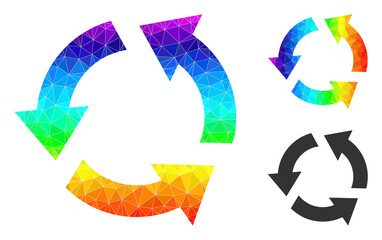 lowpoly recycle icon with spectrum colored. Spectrum colored polygonal recycle vector is filled from chaotic colored triangles. Flat geometric mesh symbol is designed by recycle pictogram.