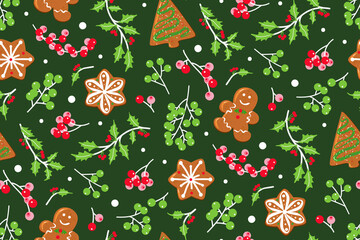 Christmas seamless pattern with floral branches, berries, holly and gingerbreads. Winter holidays background.