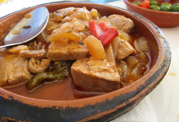 Closeup of dish with traditional spanish andalusian tuna goulash (atun encebollado) with vegetables on table