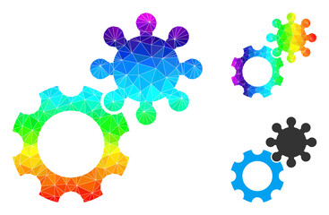 lowpoly gears icon with spectral gradient. Rainbow colorful polygonal gears vector is filled with chaotic colorful triangles. Flat geometric polygonal illustration designed by gears icon.