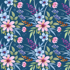 Fototapeta na wymiar Colorful hand draw flowers seamless pattern for fabric textile wallpaper.
