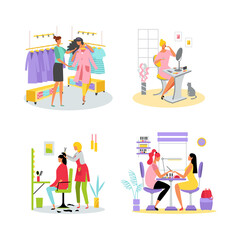 Set of illustrations about taking care of yourself. Time to transform. A woman in a store, in a beauty salon, a hairdresser, does makeup. Vector flat illustration