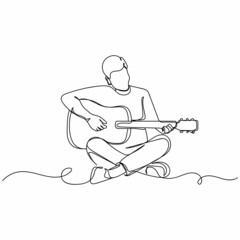 Vector continuous one single line drawing icon of man playing guitar in silhouette on a white background. Linear stylized.