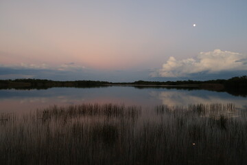Moonrise over colorful autumn clouds reflected on calm water of Nine Mile Pond in Everglades National Park, Florida at sunset.