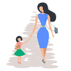 Mom and daughter are walking down the street. The daughter reaches out to take her mother by the hand. Flat vector illustration in pastel colors