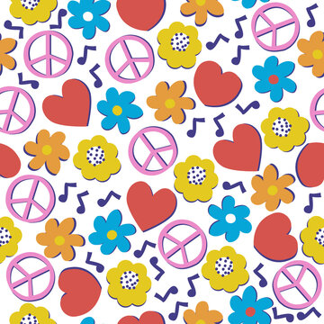 Seamless pattern with flowers and peace. Summer colorful print. Vector hand drawn illustration.
