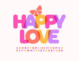 Vector colorful Card Happy Love with Decorative Butterfly. Cute Bright Font. Watercolor Alphabet Letters and Numbers set. 
