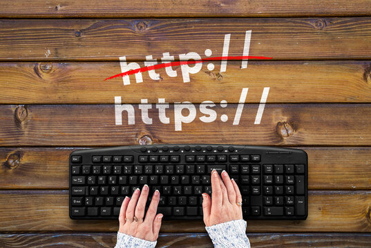 https, Crossed Out http on wooden table  and pc keyboard
