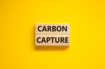 Time to carbon capture symbol. Wooden blocks with words 'Carbon capture'. Beautiful yellow...