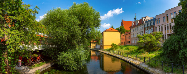 Panorama of sunny Mill Island in Old town of Bydgoszcz, Poland - obrazy, fototapety, plakaty