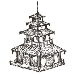 Vector hand draw japan pagoda temple isolated on white background. Monochrome illustration in sketch vintage style.