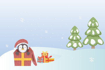 watercolor cute penguin with on the gift merry christmas background