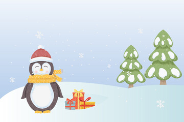 watercolor merry christmas background with cute penguin and gifts
