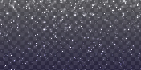 abstract falling of seamless realistic elegant glittering snow on randoml with transparent background,Realistic sparkle snowfall background for banner of winter collection decoration.
