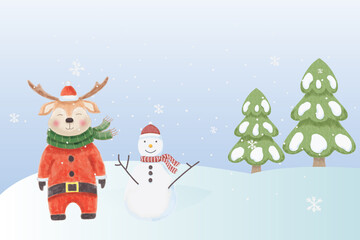 watercolor deer santa with snowman and gifts christmas background