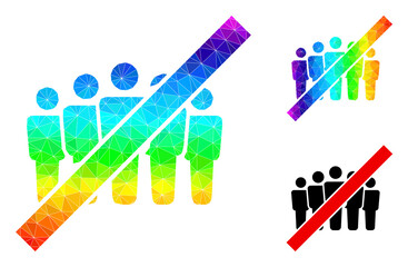 Low-poly stop people crowd icon with spectral colored. Spectrum colored polygonal stop people crowd vector is designed with chaotic colored triangles.