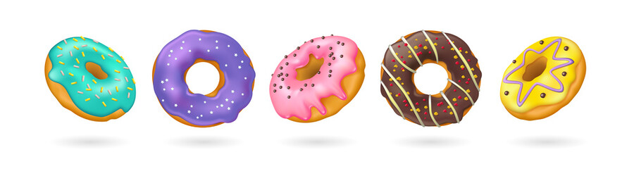 Set of realistic donuts with sprinkles isolated on white background. 3d vector illustration