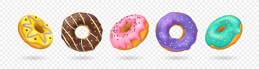 Set of realistic donuts with sprinkles isolated on transparent background. 3d vector illustration - obrazy, fototapety, plakaty