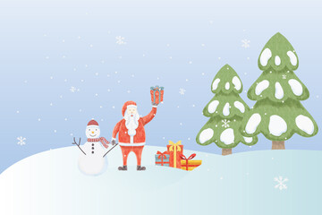 watercolor santa and snowman with gifts merry christmas
